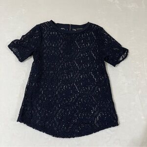 Banana Republic Navy Sheer Lace Crochet Top Short Sleeve Size S